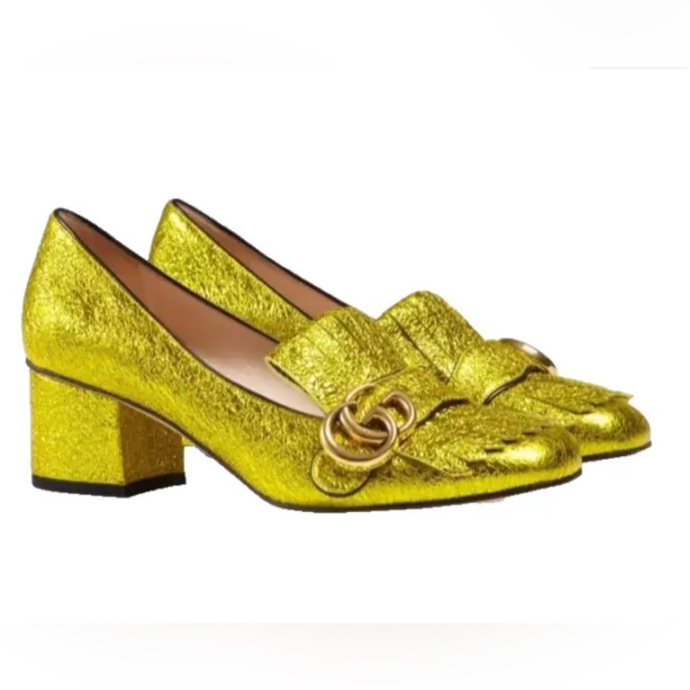 GUCCI metallic laminate Goatskin GG Marmont Fringe loafer size 39